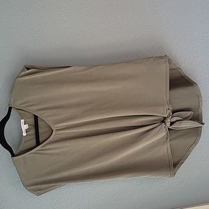 Army green V-neck top, front bottom tie. Small Green Envelope LA USA-made.